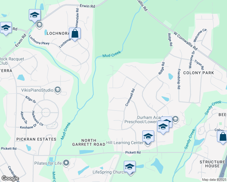 map of restaurants, bars, coffee shops, grocery stores, and more near 3233 Haddon Road in Durham