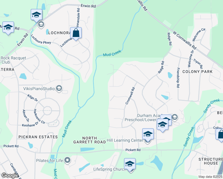 map of restaurants, bars, coffee shops, grocery stores, and more near 3301 Haddon Road in Durham