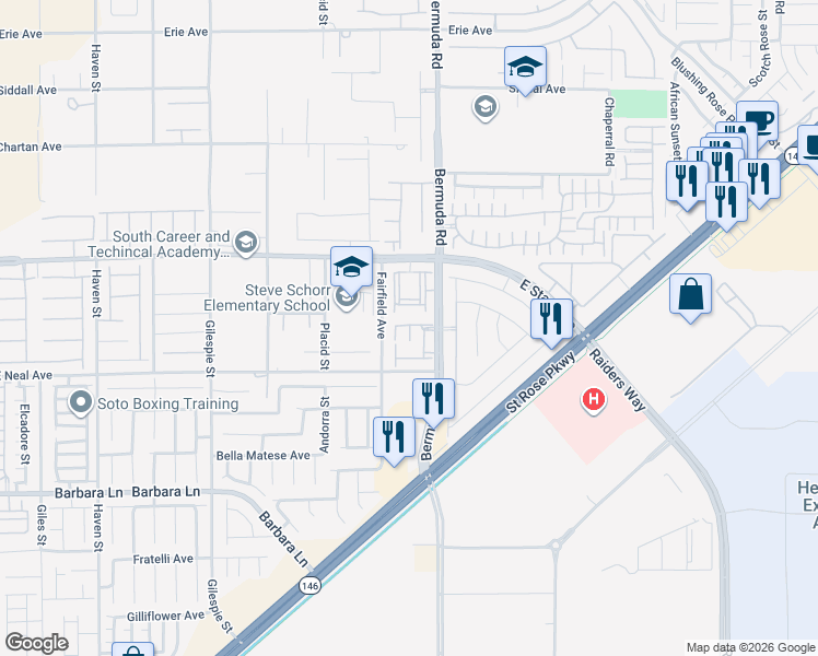 map of restaurants, bars, coffee shops, grocery stores, and more near 11425 Bermuda Road in Henderson