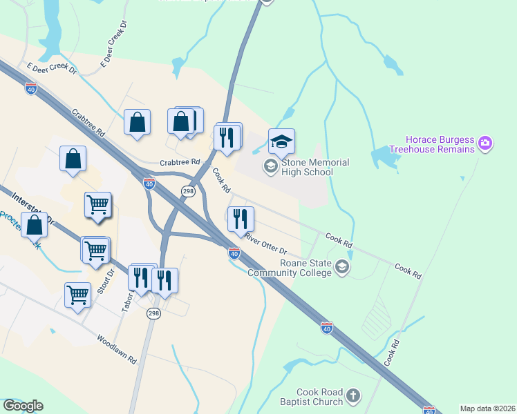 map of restaurants, bars, coffee shops, grocery stores, and more near 2831 Cook Road in Crossville