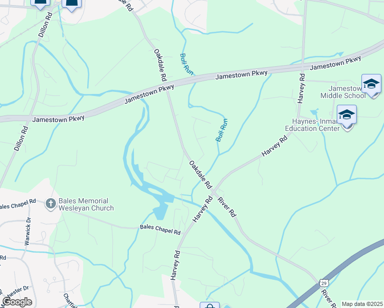 map of restaurants, bars, coffee shops, grocery stores, and more near 551 Oakdale Road in Jamestown