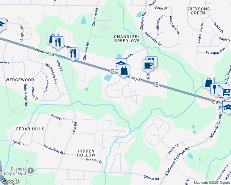 map of restaurants, bars, coffee shops, grocery stores, and more near 9 Pumpkin Place in Durham