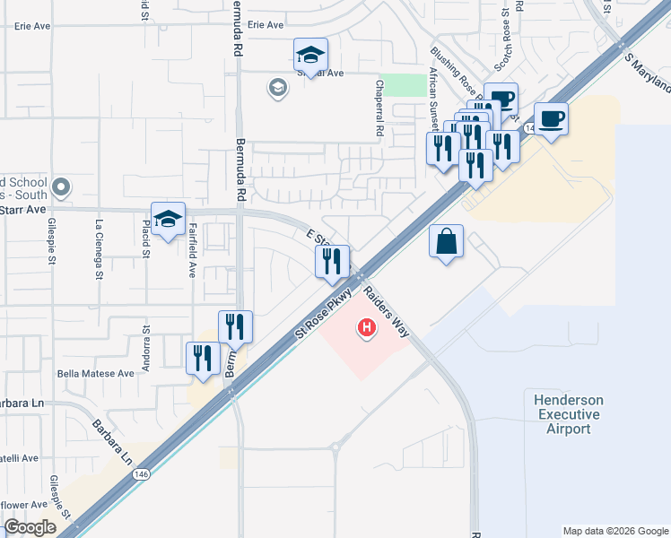 map of restaurants, bars, coffee shops, grocery stores, and more near 500 Raiders Way in Henderson