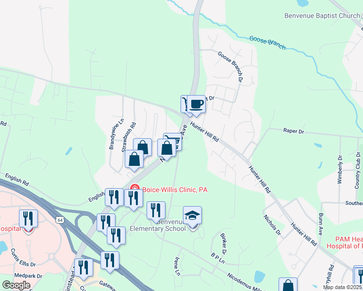 map of restaurants, bars, coffee shops, grocery stores, and more near 1091-1097 North Winstead Avenue in Rocky Mount