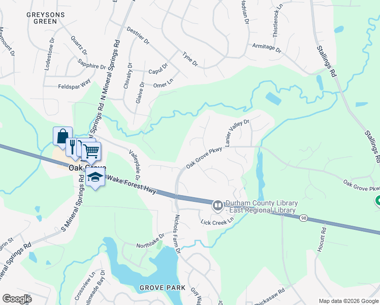 map of restaurants, bars, coffee shops, grocery stores, and more near 102 Oak Grove Parkway in Durham