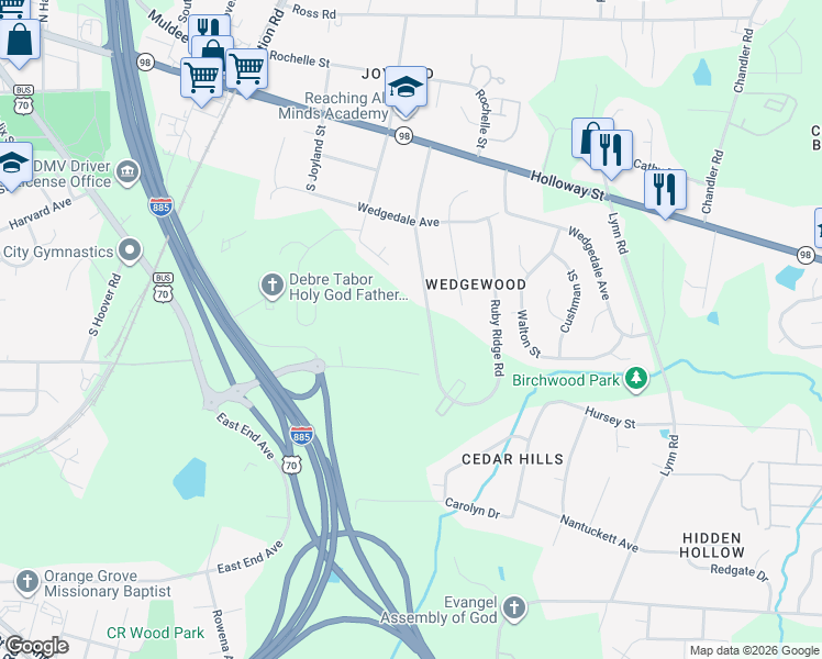 map of restaurants, bars, coffee shops, grocery stores, and more near 3511 Carr Road in Durham