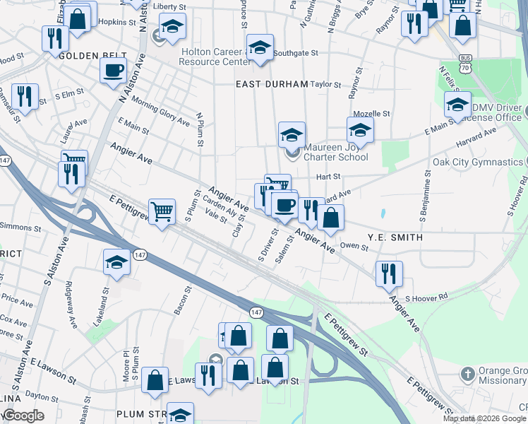 map of restaurants, bars, coffee shops, grocery stores, and more near 2014 Angier Avenue in Durham