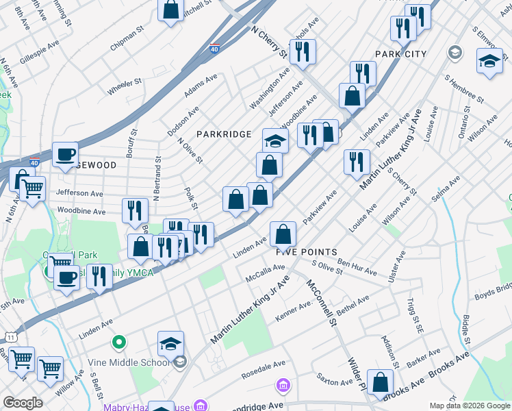 map of restaurants, bars, coffee shops, grocery stores, and more near 2310 East Magnolia Avenue in Knoxville