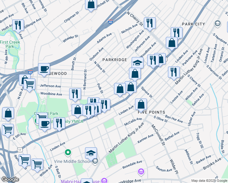 map of restaurants, bars, coffee shops, grocery stores, and more near 2043 East 5th Avenue in Knoxville