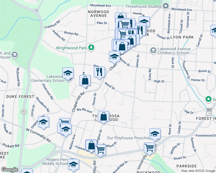 map of restaurants, bars, coffee shops, grocery stores, and more near 2101 Ward Street in Durham