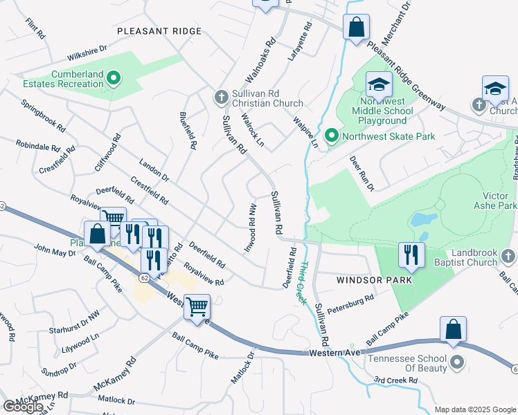 map of restaurants, bars, coffee shops, grocery stores, and more near 5400 Inwood Road Northwest in Knoxville