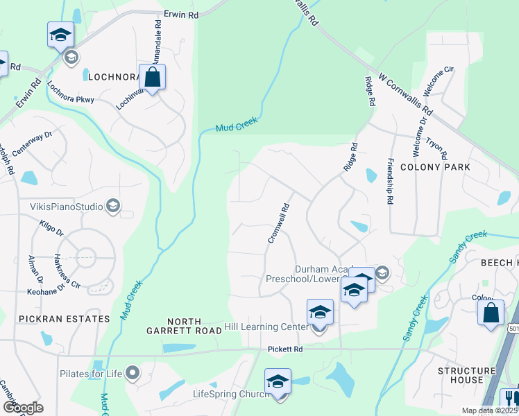 map of restaurants, bars, coffee shops, grocery stores, and more near 3223 Haddon Road in Durham