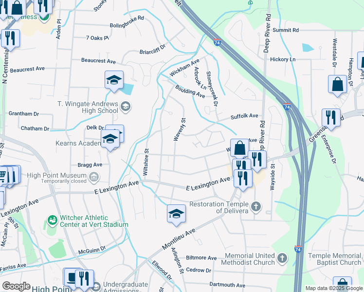 map of restaurants, bars, coffee shops, grocery stores, and more near 1602 Waverly Street in High Point