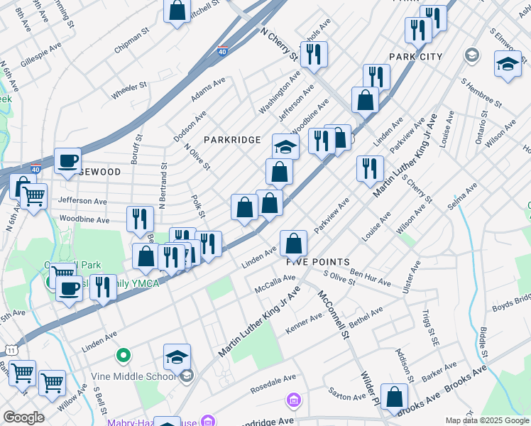 map of restaurants, bars, coffee shops, grocery stores, and more near 2310 East Magnolia Avenue in Knoxville