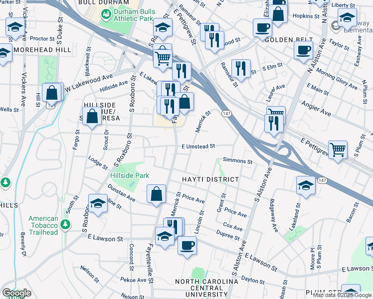 map of restaurants, bars, coffee shops, grocery stores, and more near 510 East Umstead Street in Durham