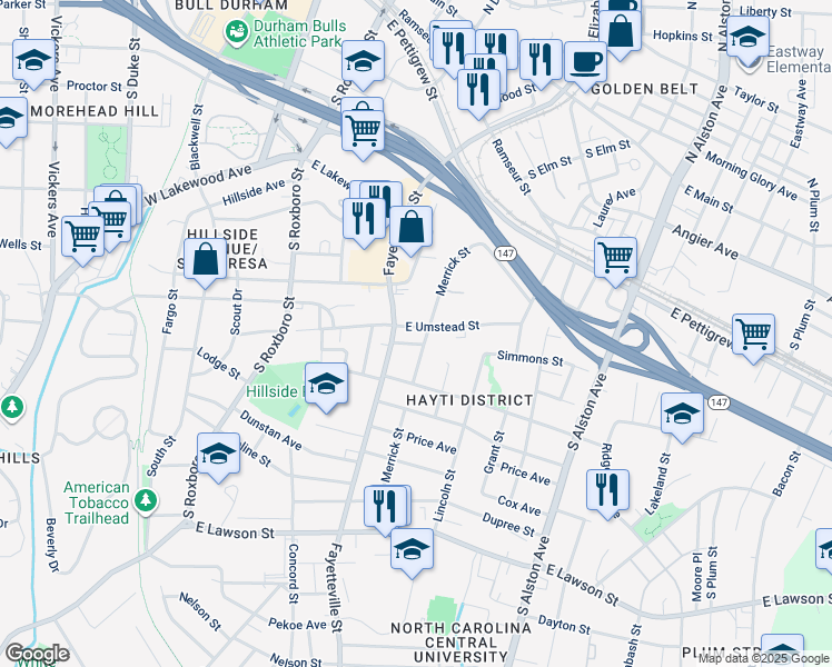map of restaurants, bars, coffee shops, grocery stores, and more near 510 East Umstead Street in Durham
