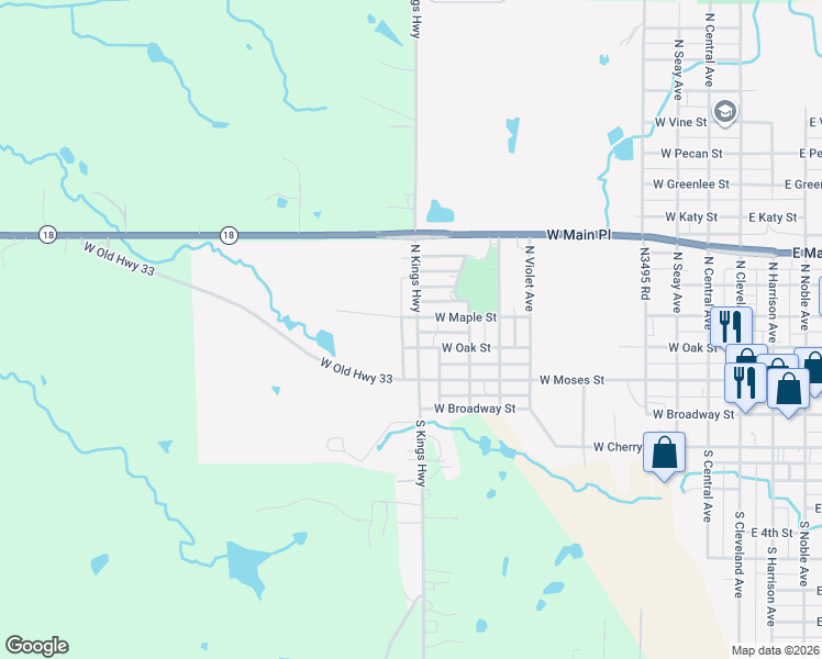 map of restaurants, bars, coffee shops, grocery stores, and more near 217 North Kings Highway in Cushing