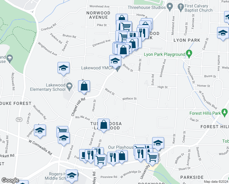 map of restaurants, bars, coffee shops, grocery stores, and more near 2008 Ward Street in Durham