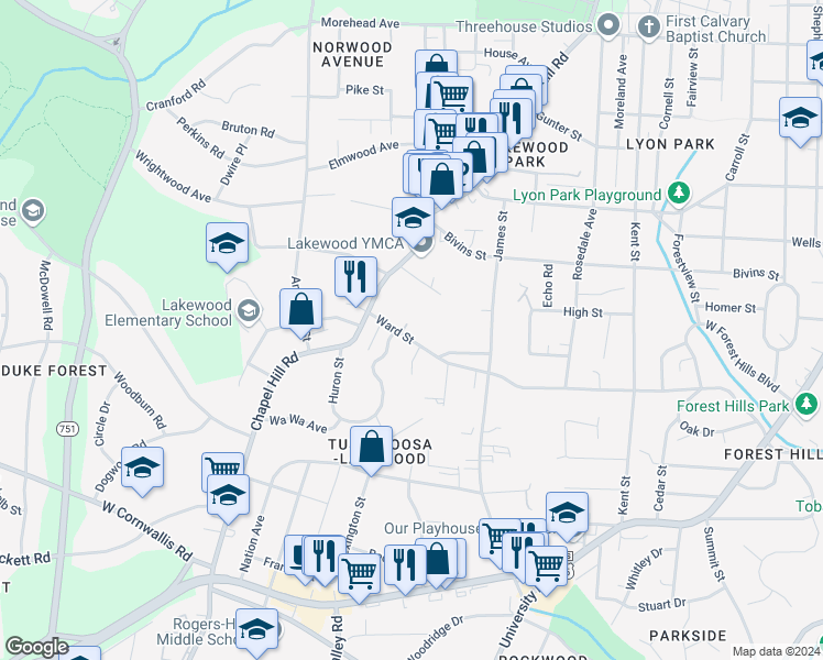 map of restaurants, bars, coffee shops, grocery stores, and more near 2008 Ward Street in Durham