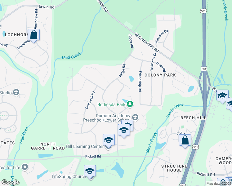 map of restaurants, bars, coffee shops, grocery stores, and more near 3300 Rolling Hill Road in Durham