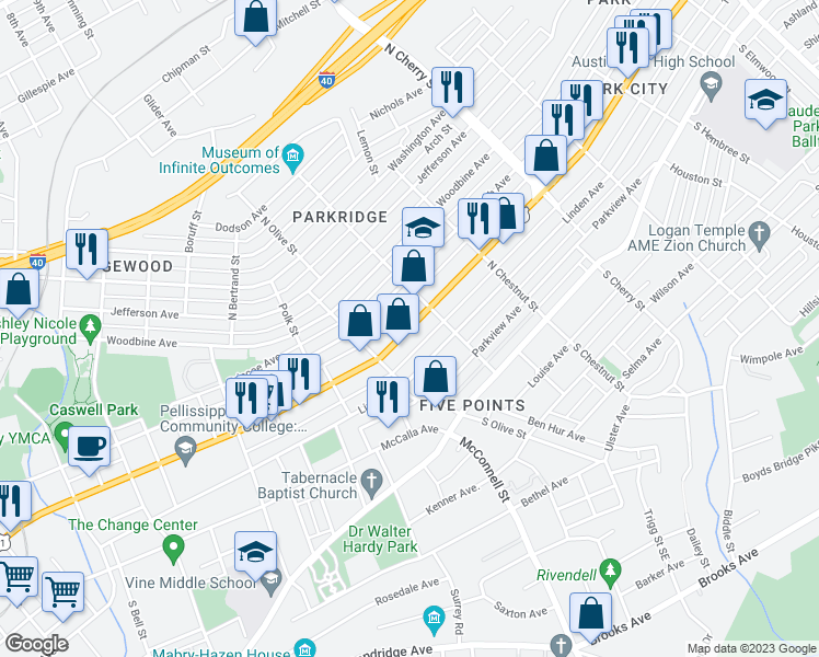 map of restaurants, bars, coffee shops, grocery stores, and more near 2323 Tennessee 1 in Knoxville