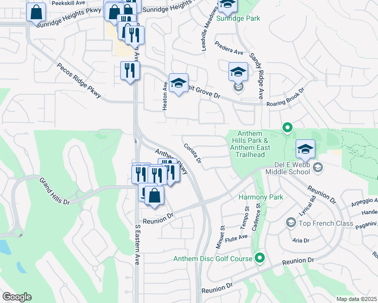 map of restaurants, bars, coffee shops, grocery stores, and more near 1267 Corista Drive in Henderson