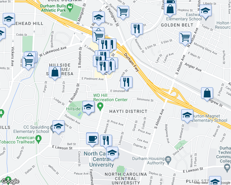 map of restaurants, bars, coffee shops, grocery stores, and more near 514 East Umstead Street in Durham
