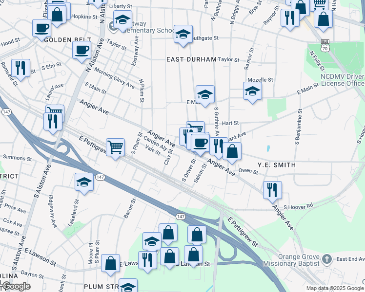 map of restaurants, bars, coffee shops, grocery stores, and more near 2014 Angier Avenue in Durham