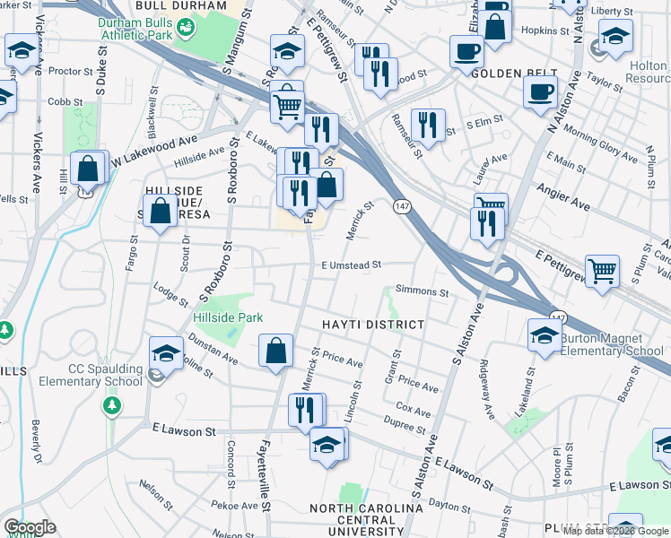 map of restaurants, bars, coffee shops, grocery stores, and more near 1200 Spaulding Street in Durham