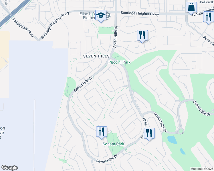 map of restaurants, bars, coffee shops, grocery stores, and more near 3031 Via Sarafina Drive in Henderson