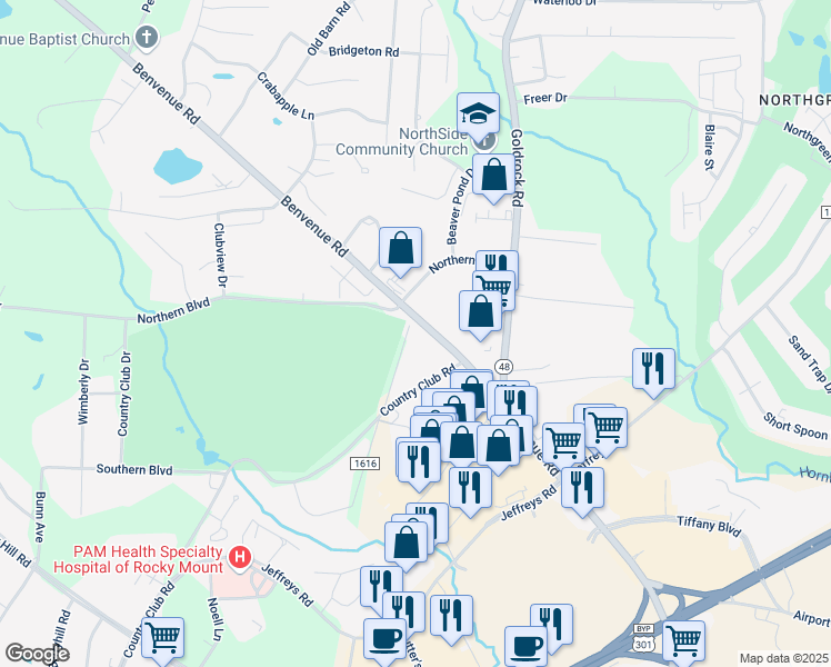 map of restaurants, bars, coffee shops, grocery stores, and more near 10 Cobb Road in Rocky Mount