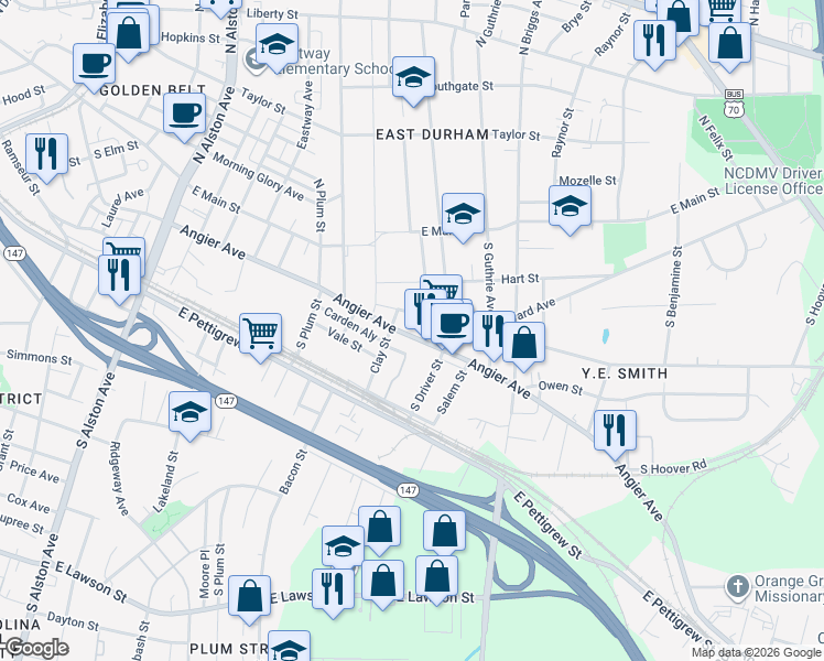 map of restaurants, bars, coffee shops, grocery stores, and more near 2014 Angier Avenue in Durham