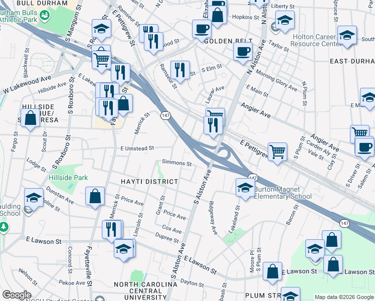 map of restaurants, bars, coffee shops, grocery stores, and more near 1009 Simmons Street in Durham