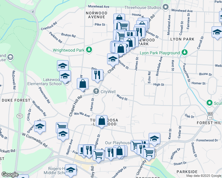 map of restaurants, bars, coffee shops, grocery stores, and more near 1929 Ward Street in Durham