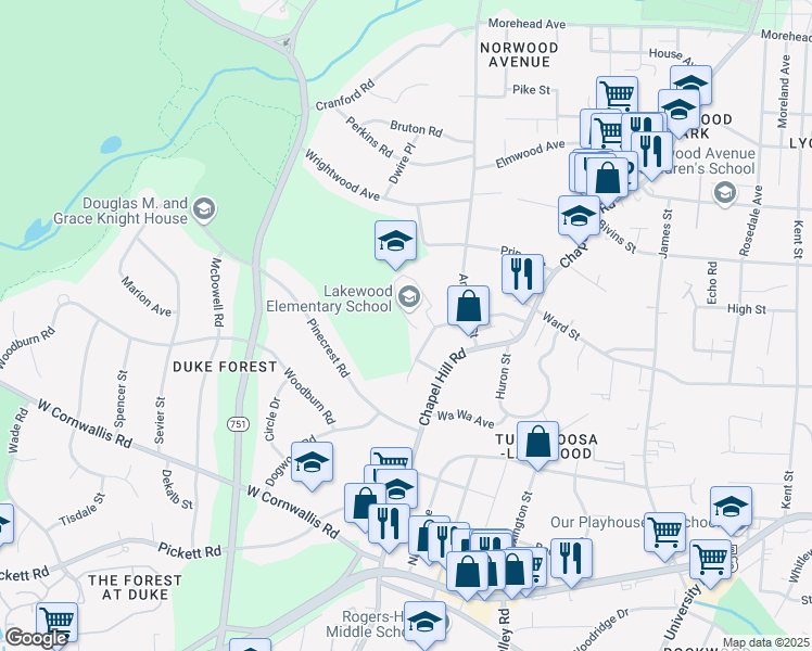 map of restaurants, bars, coffee shops, grocery stores, and more near 2411 Mc Gehee Street in Durham