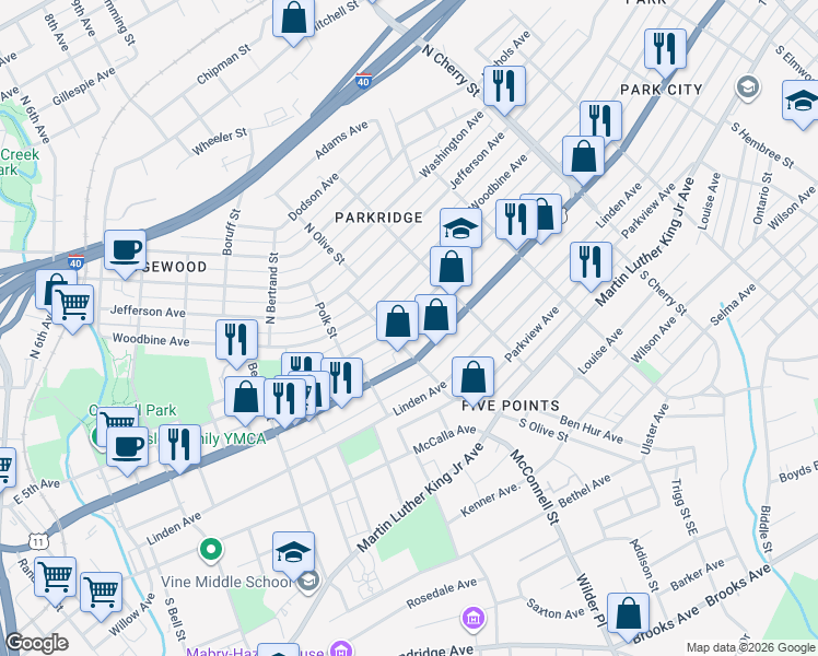map of restaurants, bars, coffee shops, grocery stores, and more near 405 Olive Street in Knoxville