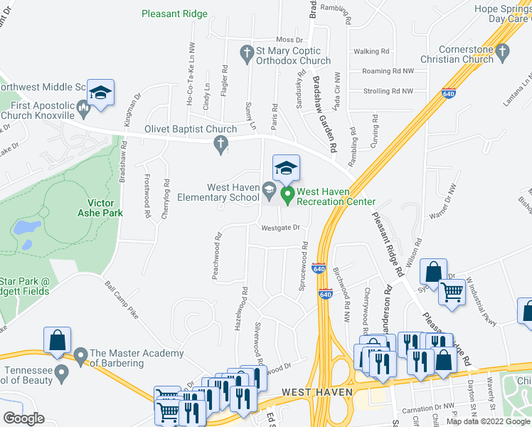 map of restaurants, bars, coffee shops, grocery stores, and more near 4201 Westgate Drive in Knoxville