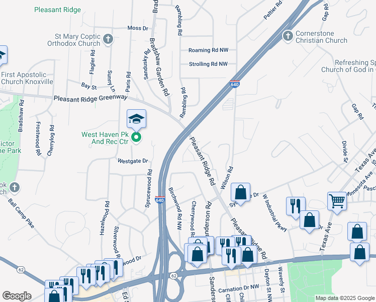 map of restaurants, bars, coffee shops, grocery stores, and more near 4109 Pleasant Ridge Road in Knoxville