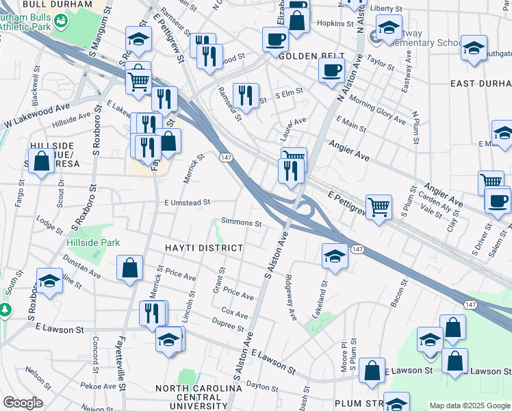 map of restaurants, bars, coffee shops, grocery stores, and more near 1009 Simmons Street in Durham
