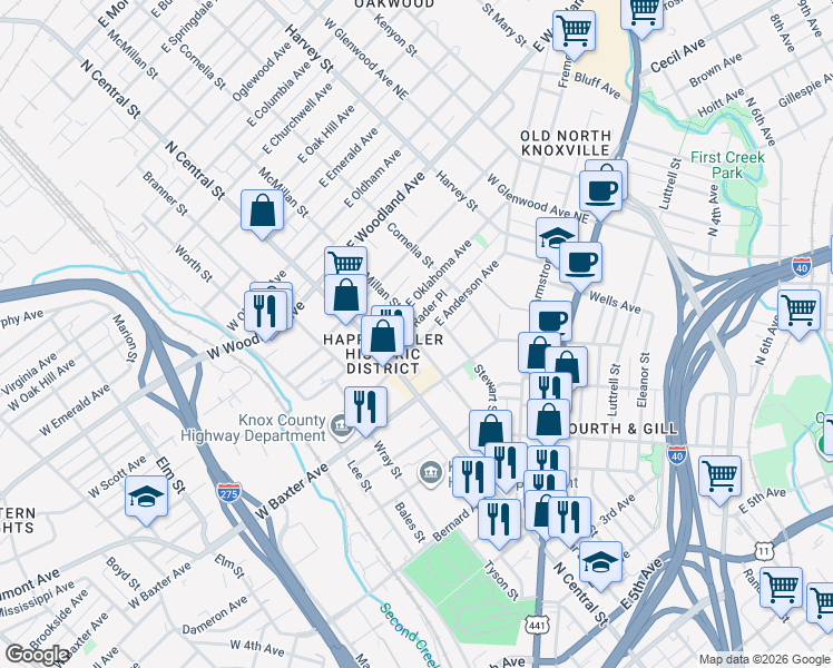 map of restaurants, bars, coffee shops, grocery stores, and more near 205 East Anderson Avenue in Knoxville