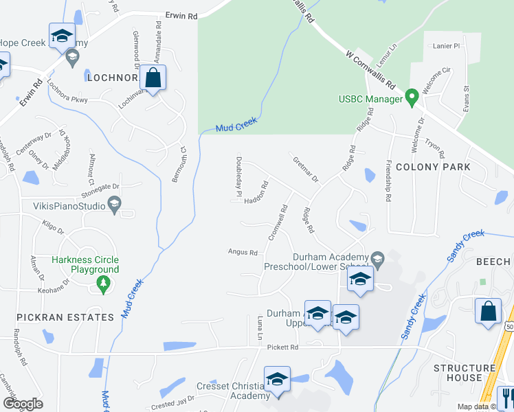 map of restaurants, bars, coffee shops, grocery stores, and more near 3223 Haddon Road in Durham