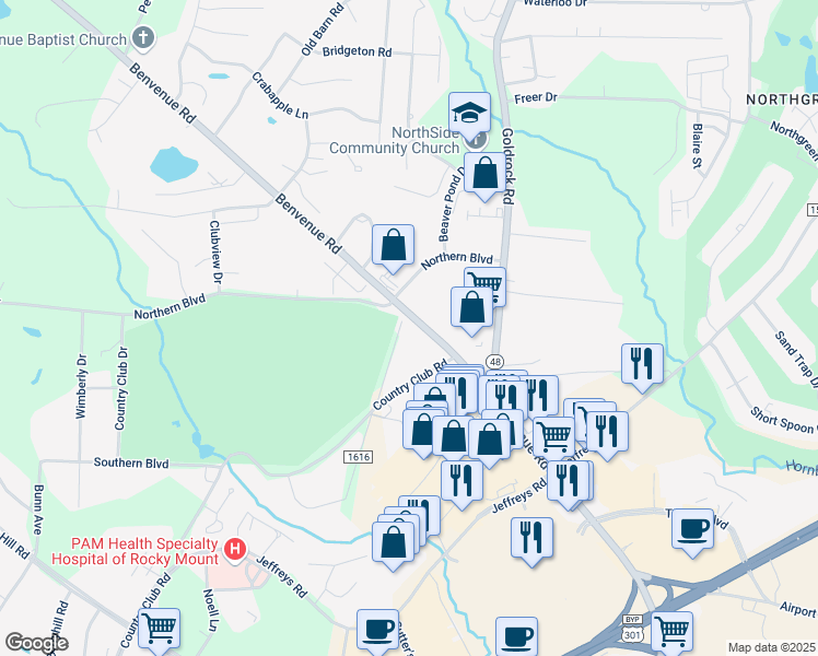 map of restaurants, bars, coffee shops, grocery stores, and more near 10 Cobb Road in Rocky Mount