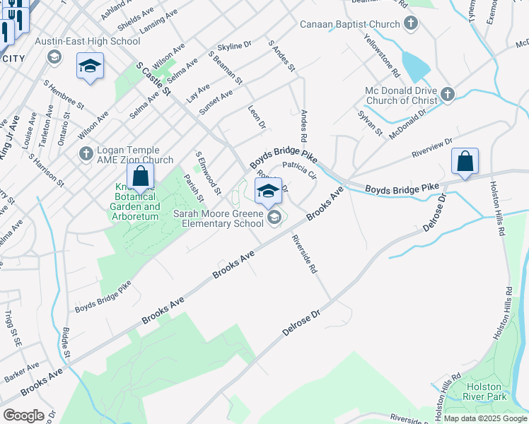 map of restaurants, bars, coffee shops, grocery stores, and more near 3001 Brooks Avenue in Knoxville