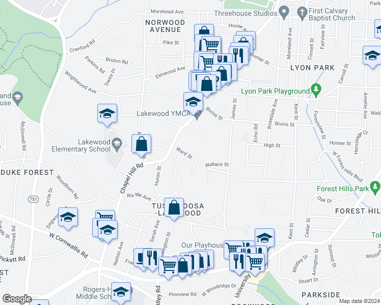 map of restaurants, bars, coffee shops, grocery stores, and more near 2010 Ward Street in Durham