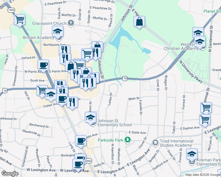 map of restaurants, bars, coffee shops, grocery stores, and more near 1734 North Hamilton Street in High Point