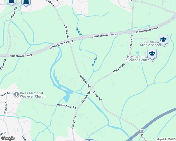map of restaurants, bars, coffee shops, grocery stores, and more near 202 Jamestown Oaks Drive in Jamestown
