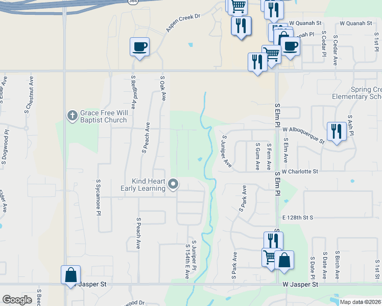 map of restaurants, bars, coffee shops, grocery stores, and more near 1401 West Albuquerque Street in Broken Arrow