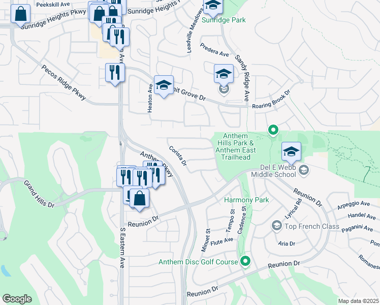 map of restaurants, bars, coffee shops, grocery stores, and more near 2429 Allegretto Avenue in Henderson