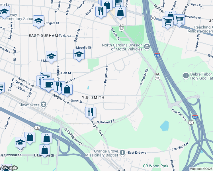 map of restaurants, bars, coffee shops, grocery stores, and more near 307 South Benjamine Street in Durham