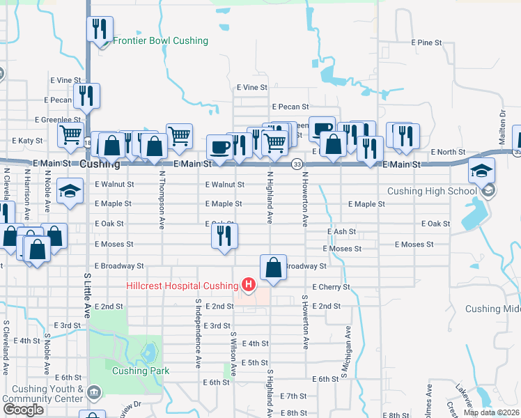 map of restaurants, bars, coffee shops, grocery stores, and more near 1024 East Maple Street in Cushing